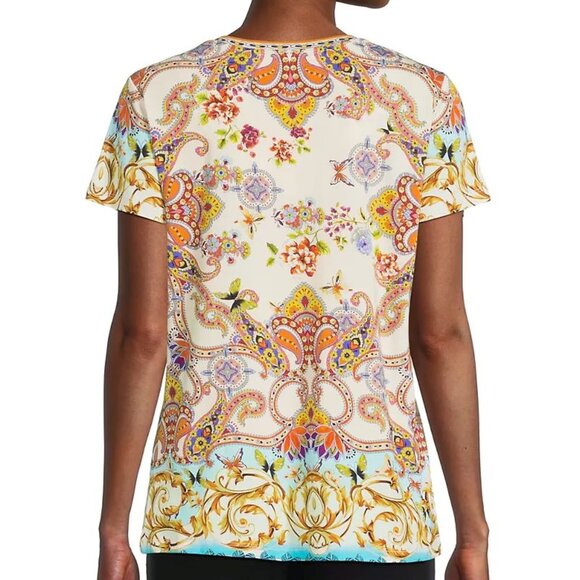 Johnny Was Janie Favorite Scroll Tee Short Sleeve V Neck Shirt White Gold Top NW - Picture 8 of 10